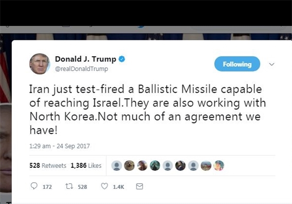 واکنش توئیتری «ترامپ» به جدیدترین آزمایش موشکی ایران /موشک ایران قادر است به اسرائیل برسد /ایران با کره شمالی همکاری موشکی دارد