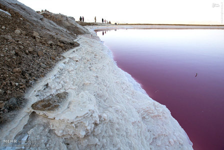 اندک آب باقیمانده دریاچه در حوضچه کوچکی جمع شده است تا محل تبخیر آب و استخراج نمک باشد.br / 