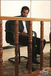 وی در مقابل اتهام تجاوز نظامی خود به کویت به دفاع از خود پرداخت و گفت: کویت جزئی از خاک عراق است، بنابراین من با اقدام خود مرتکب تجاوز نظامی نشده ام. من وارد کویت شدم چون کویتی‌ها زنان عراقی را در قبال ۱۰ دینار خرید و فروش می‌کردند.